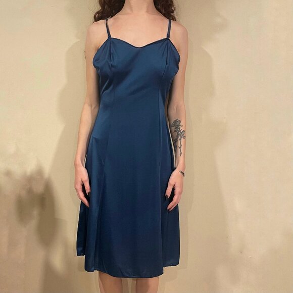 Deep Teal Blue Vintage Lace Slip Dress - Picture 1 of 5